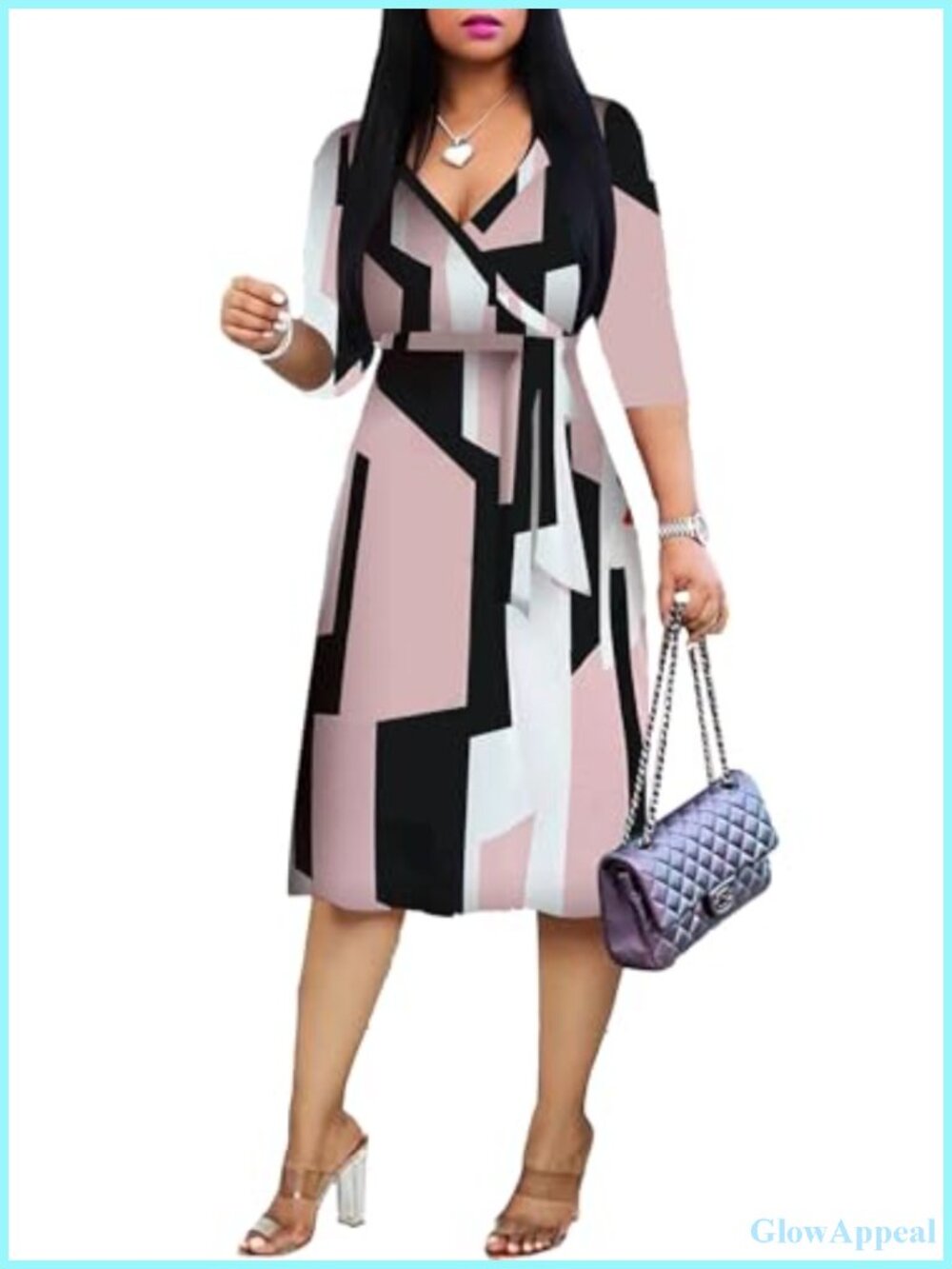 Plus Size Midi Dress Faux Wrap V-Neck 3/4 Sleeve Floral Print A-Line Casual